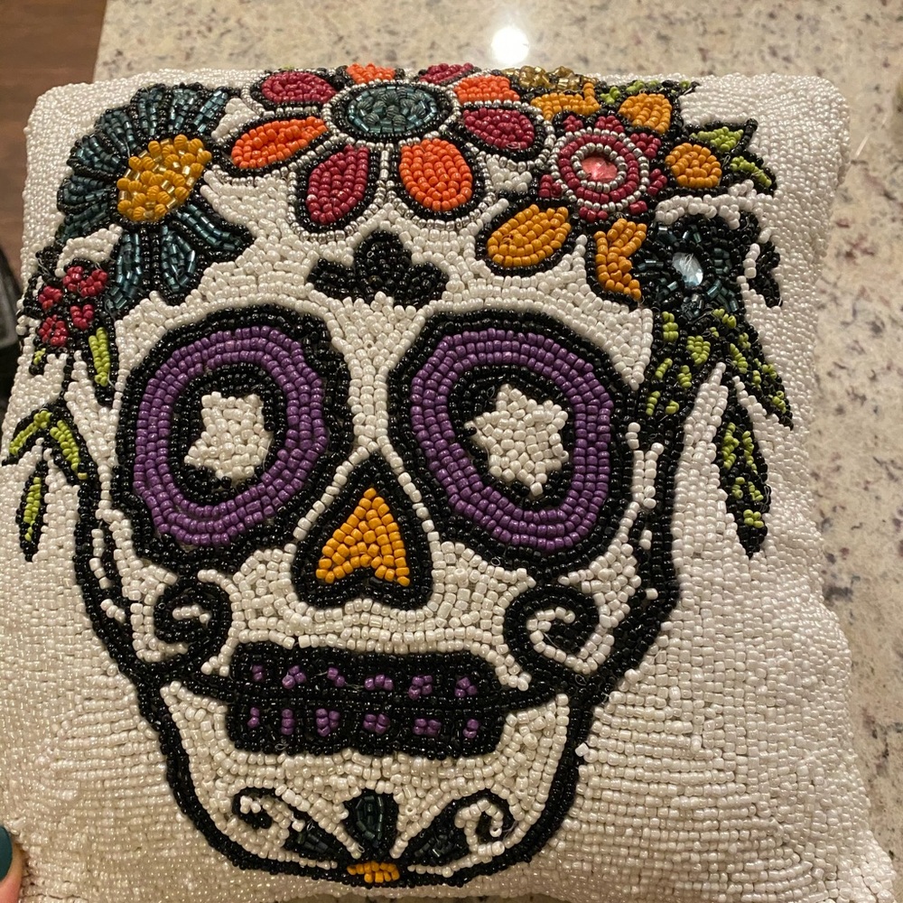 Beaded sugar skull pillow